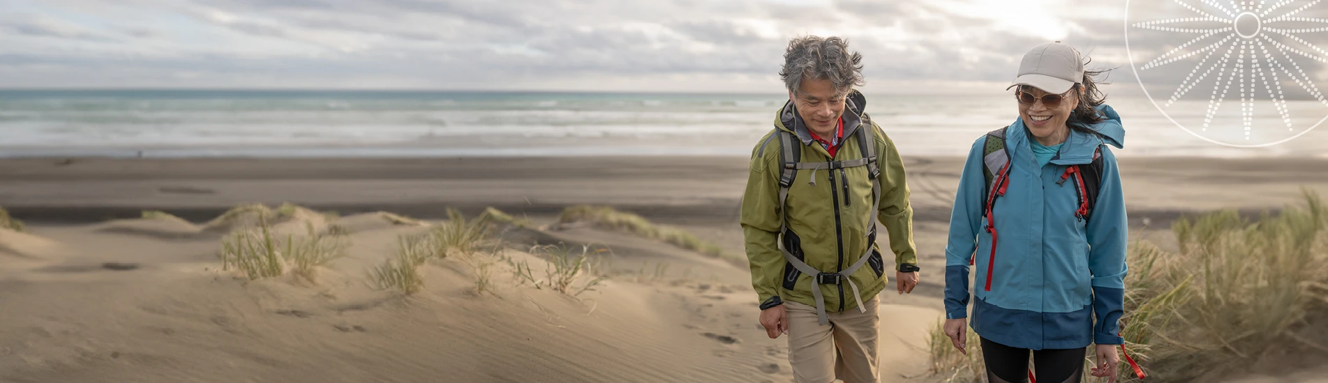 couple with wind breaker coats walking on beach